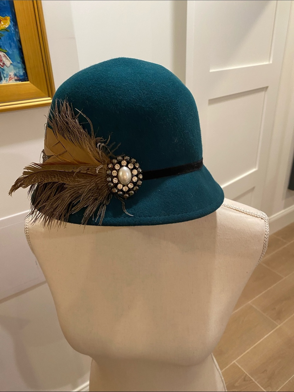 Teal Felt Cloche Hat with Feather & Jewel Accent